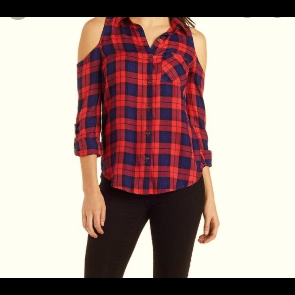 Plaid open shoulder button up